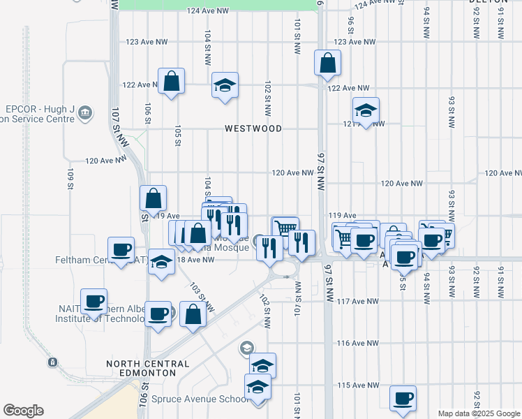 map of restaurants, bars, coffee shops, grocery stores, and more near 11920 102 Street Northwest in Edmonton