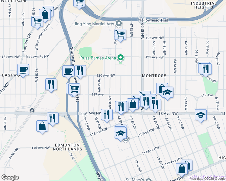 map of restaurants, bars, coffee shops, grocery stores, and more near in Edmonton
