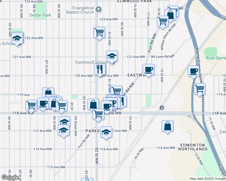 map of restaurants, bars, coffee shops, grocery stores, and more near 11916 80 Street Northwest in Edmonton