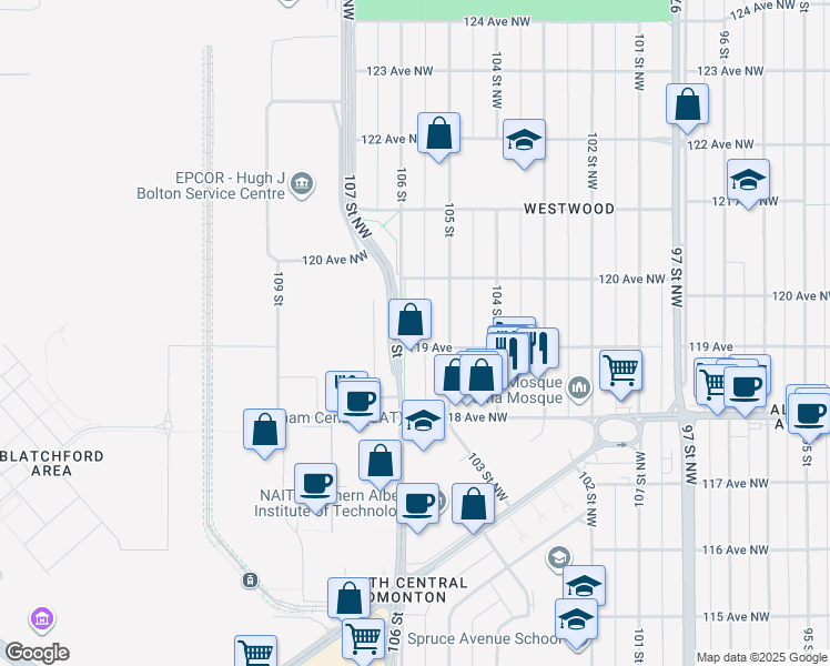 map of restaurants, bars, coffee shops, grocery stores, and more near 11845 106 Street in Edmonton