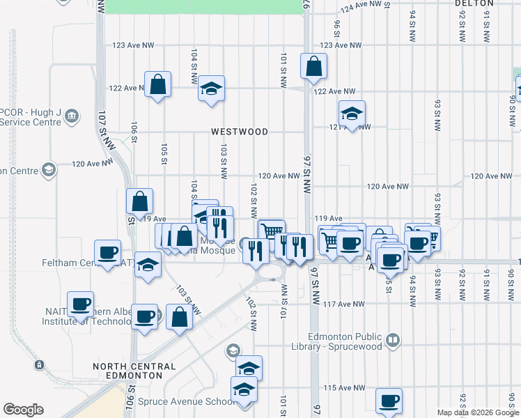 map of restaurants, bars, coffee shops, grocery stores, and more near 11920 101 Street Northwest in Edmonton