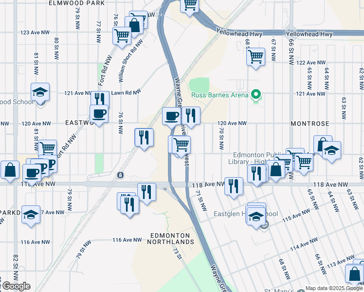 map of restaurants, bars, coffee shops, grocery stores, and more near 7210 119 Avenue in Edmonton