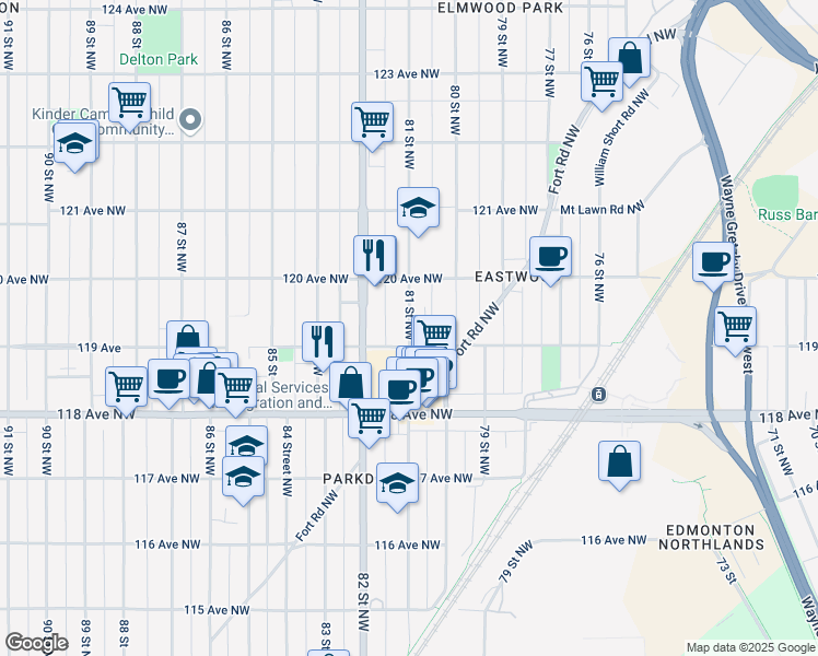 map of restaurants, bars, coffee shops, grocery stores, and more near 11914 81 St NW in Edmonton