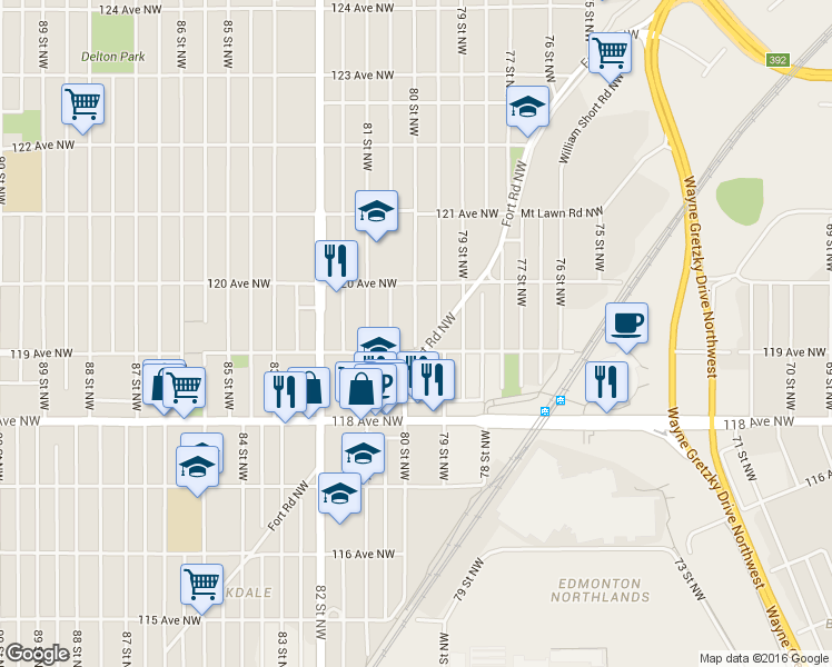 map of restaurants, bars, coffee shops, grocery stores, and more near 11909 80 Street Northwest in Edmonton