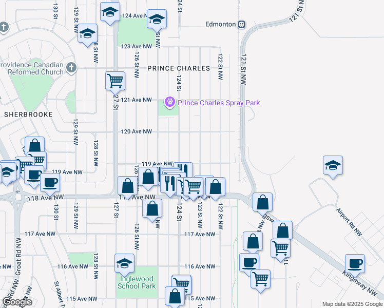 map of restaurants, bars, coffee shops, grocery stores, and more near 11912 123 Street Northwest in Edmonton