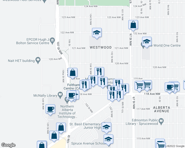 map of restaurants, bars, coffee shops, grocery stores, and more near 11915 104 Street Northwest in Edmonton