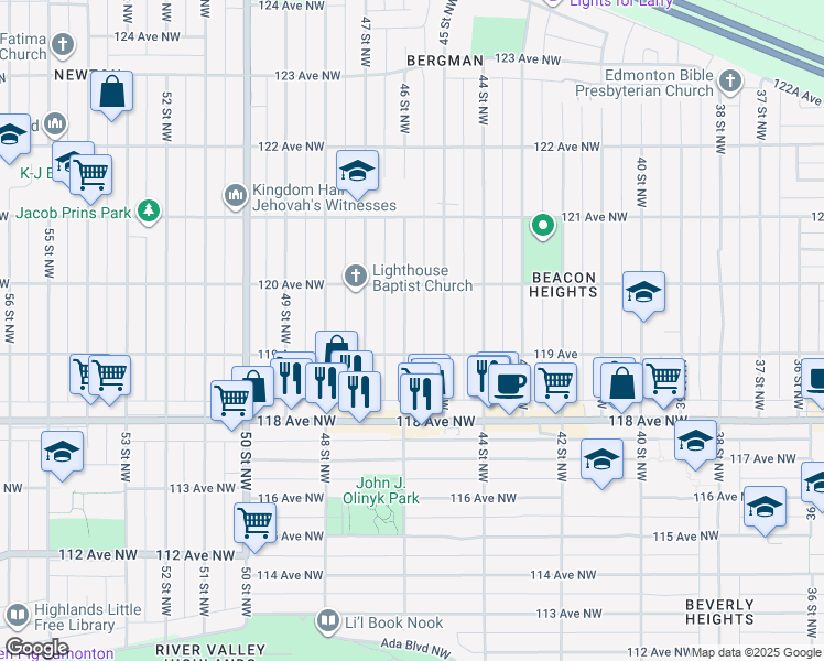map of restaurants, bars, coffee shops, grocery stores, and more near 11915 46 Street Northwest in Edmonton