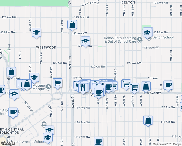 map of restaurants, bars, coffee shops, grocery stores, and more near 11915 95A Street Northwest in Edmonton
