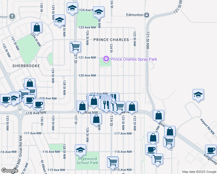 map of restaurants, bars, coffee shops, grocery stores, and more near 11918 124 Street in Edmonton