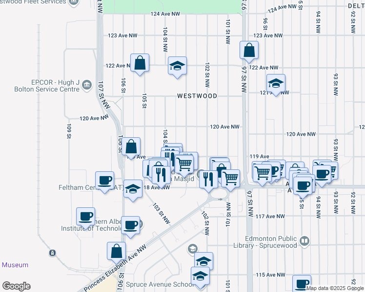 map of restaurants, bars, coffee shops, grocery stores, and more near 11920 103 Street Northwest in Edmonton