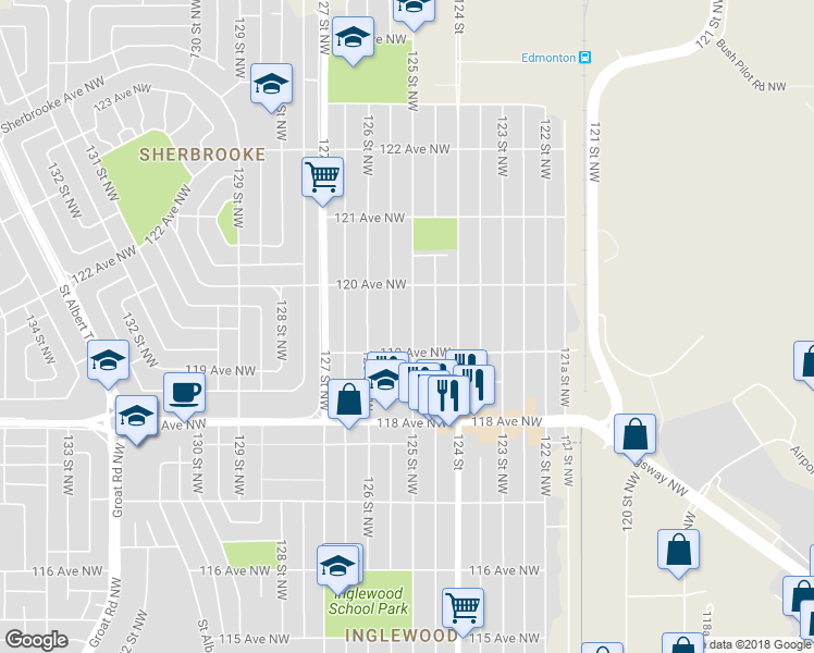 map of restaurants, bars, coffee shops, grocery stores, and more near 11914 125 Street Northwest in Edmonton