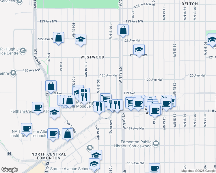 map of restaurants, bars, coffee shops, grocery stores, and more near 11920 101 Street Northwest in Edmonton