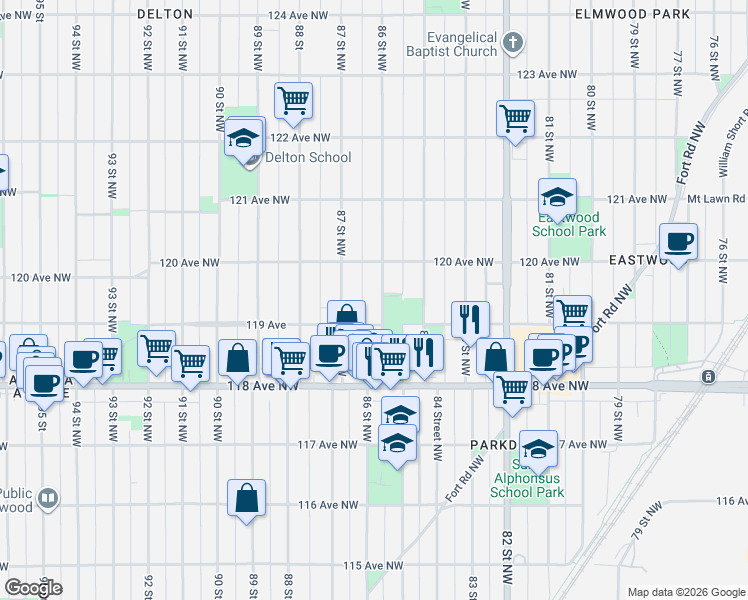 map of restaurants, bars, coffee shops, grocery stores, and more near 11911 87 Street Northwest in Edmonton
