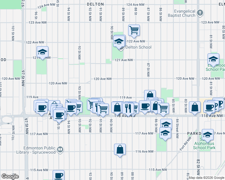 map of restaurants, bars, coffee shops, grocery stores, and more near 11917 90 Street Northwest in Edmonton