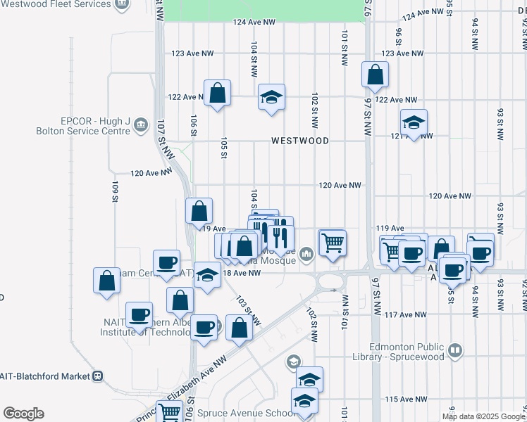 map of restaurants, bars, coffee shops, grocery stores, and more near 11915 104 Street Northwest in Edmonton