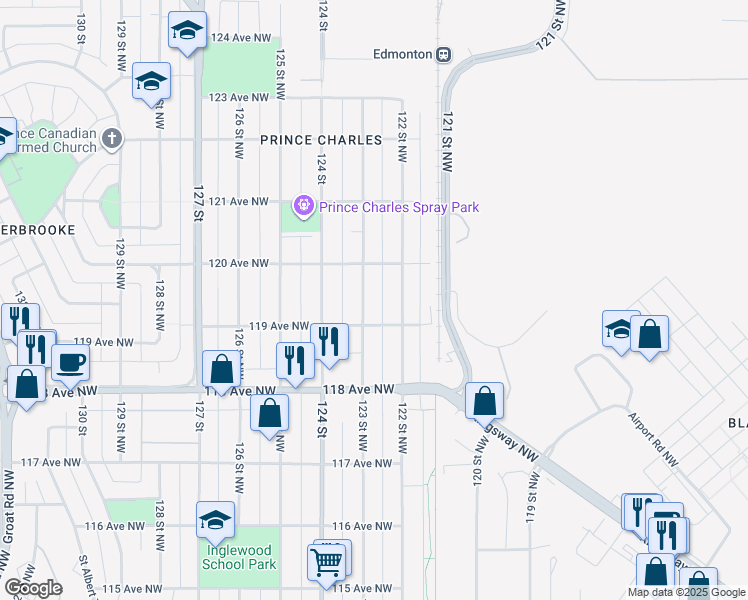 map of restaurants, bars, coffee shops, grocery stores, and more near 11915 123 Street Northwest in Edmonton