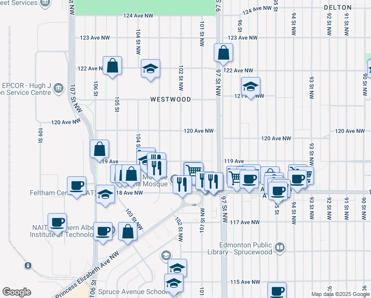 map of restaurants, bars, coffee shops, grocery stores, and more near 11919 102 Street Northwest in Edmonton