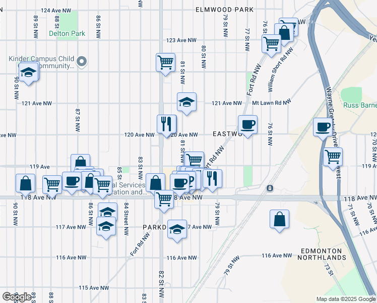 map of restaurants, bars, coffee shops, grocery stores, and more near 11916 80 Street Northwest in Edmonton