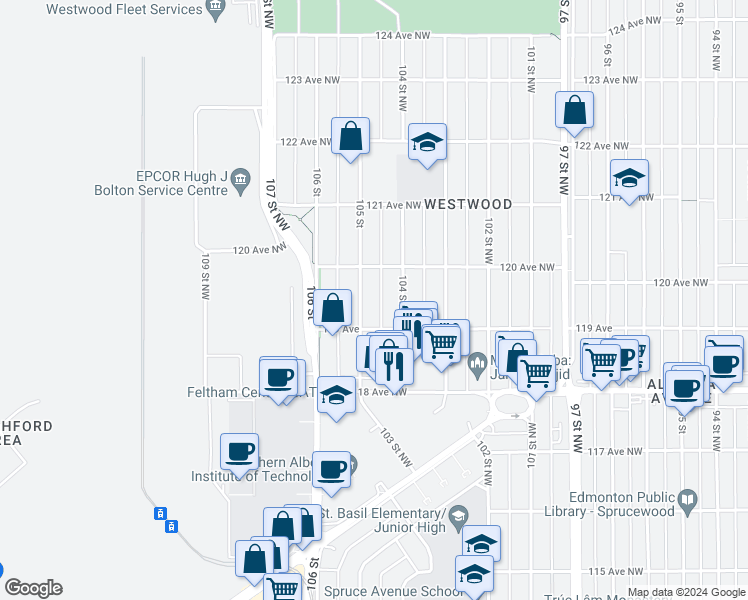 map of restaurants, bars, coffee shops, grocery stores, and more near 11919 105 Street Northwest in Edmonton