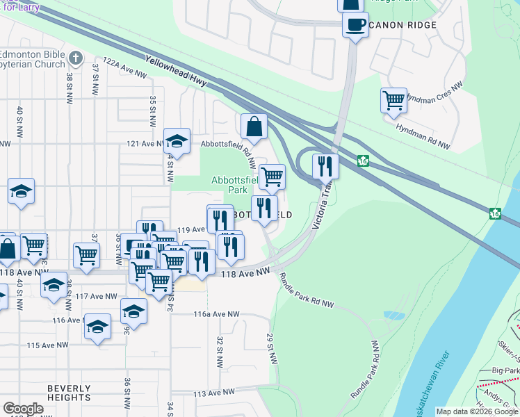 map of restaurants, bars, coffee shops, grocery stores, and more near 228 Abbottsfield Road Northwest in Edmonton