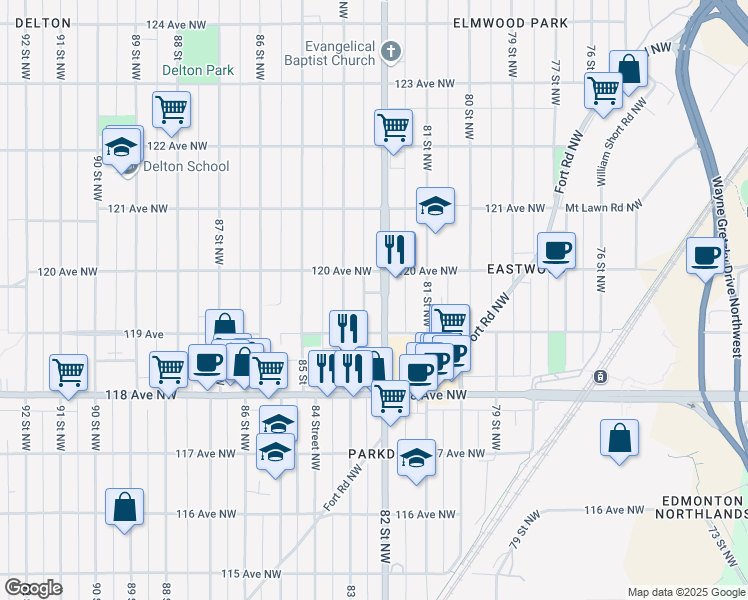 map of restaurants, bars, coffee shops, grocery stores, and more near in Edmonton