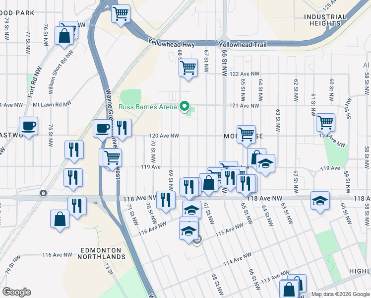 map of restaurants, bars, coffee shops, grocery stores, and more near in Edmonton