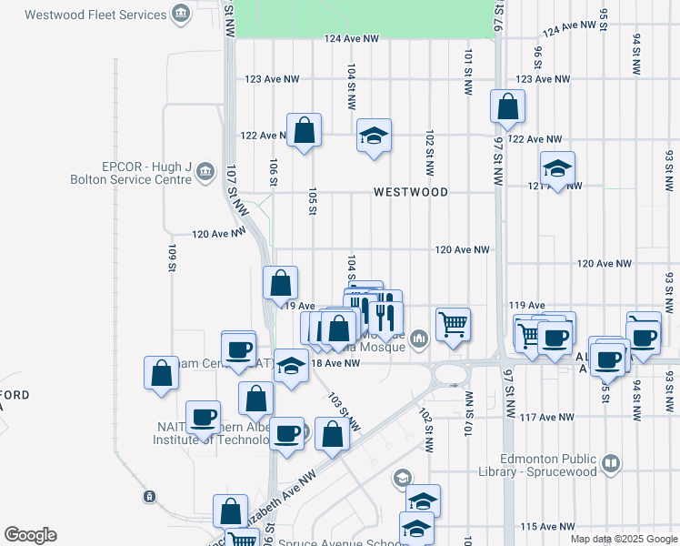 map of restaurants, bars, coffee shops, grocery stores, and more near 11919 105 Street Northwest in Edmonton