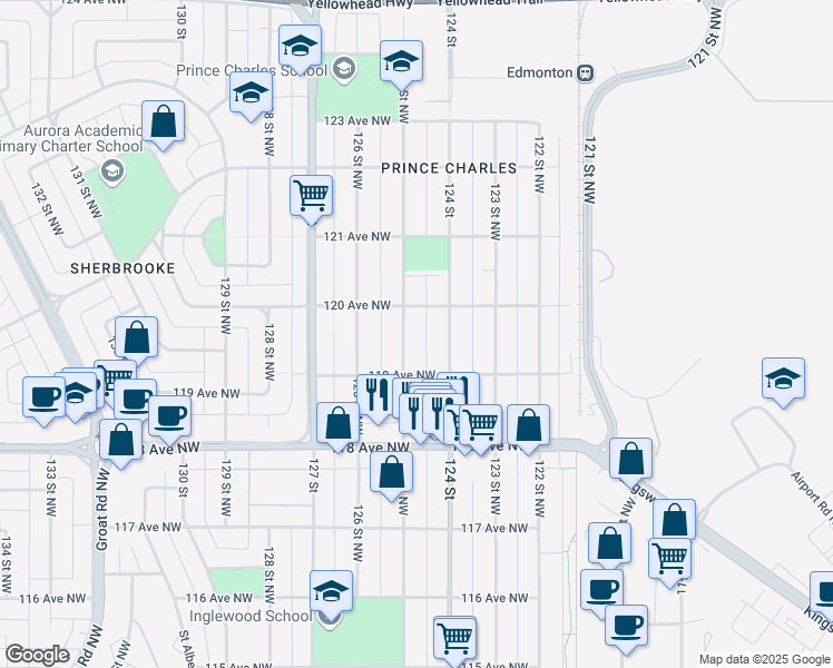 map of restaurants, bars, coffee shops, grocery stores, and more near 11918 124 Street in Edmonton