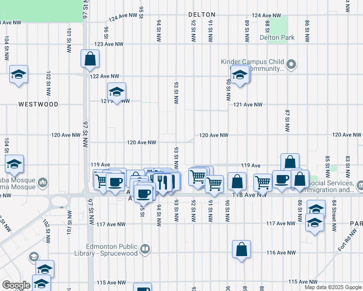 map of restaurants, bars, coffee shops, grocery stores, and more near 11917 93 Street Northwest in Edmonton