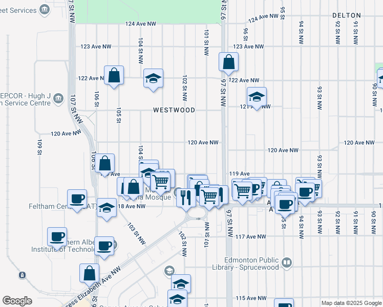 map of restaurants, bars, coffee shops, grocery stores, and more near 11920 101 Street Northwest in Edmonton