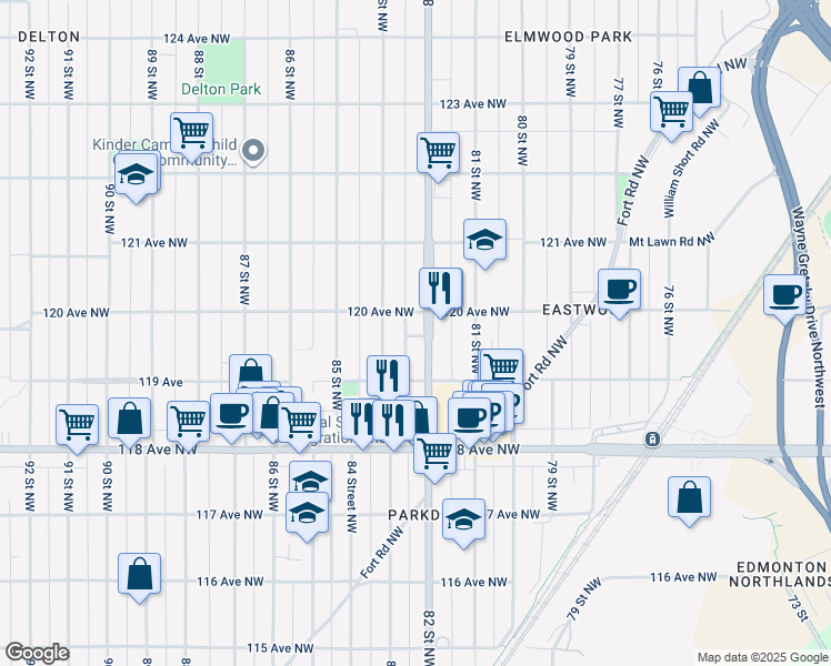 map of restaurants, bars, coffee shops, grocery stores, and more near 11930 82 Street Northwest in Edmonton