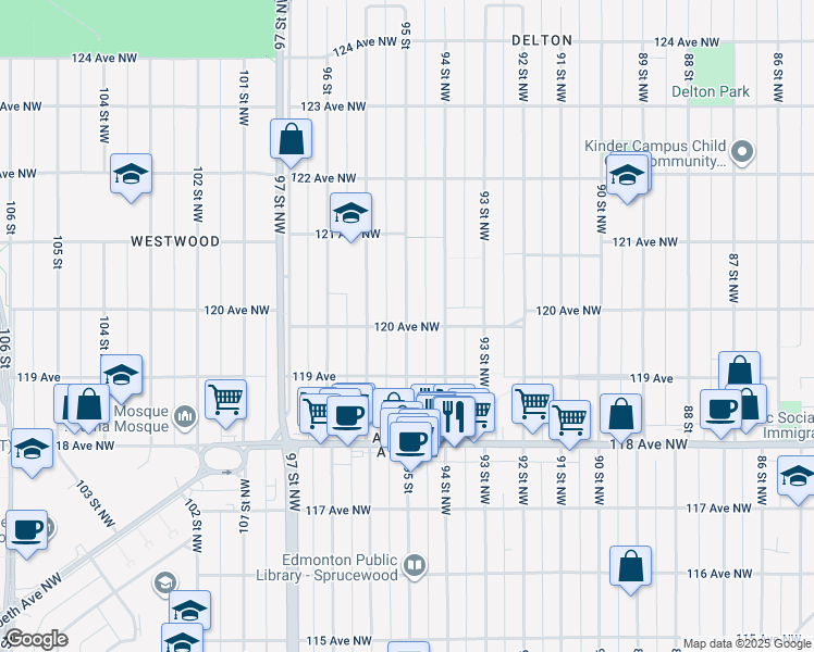 map of restaurants, bars, coffee shops, grocery stores, and more near 95 St & 120 Ave NW in Edmonton