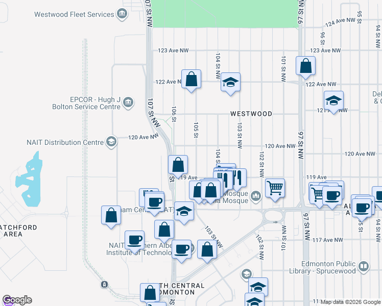 map of restaurants, bars, coffee shops, grocery stores, and more near 11934 105 Street Northwest in Edmonton