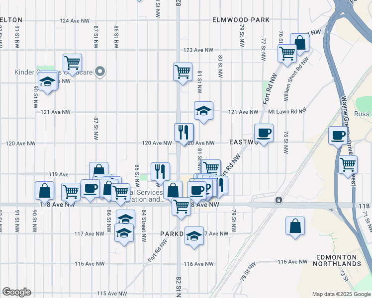 map of restaurants, bars, coffee shops, grocery stores, and more near 11914 81 Street Northwest in Edmonton