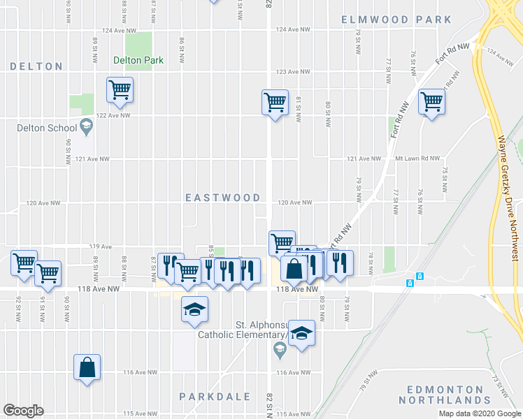 map of restaurants, bars, coffee shops, grocery stores, and more near 12014 82 Street Northwest in Edmonton