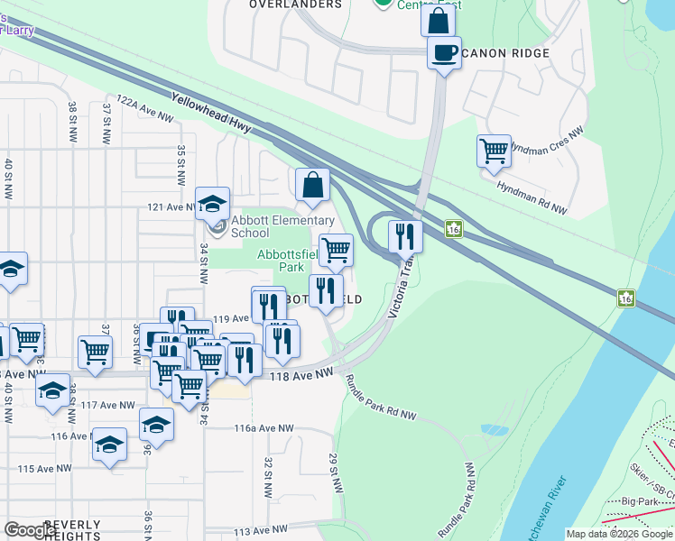 map of restaurants, bars, coffee shops, grocery stores, and more near 331 Abbottsfield Road Northwest in Edmonton