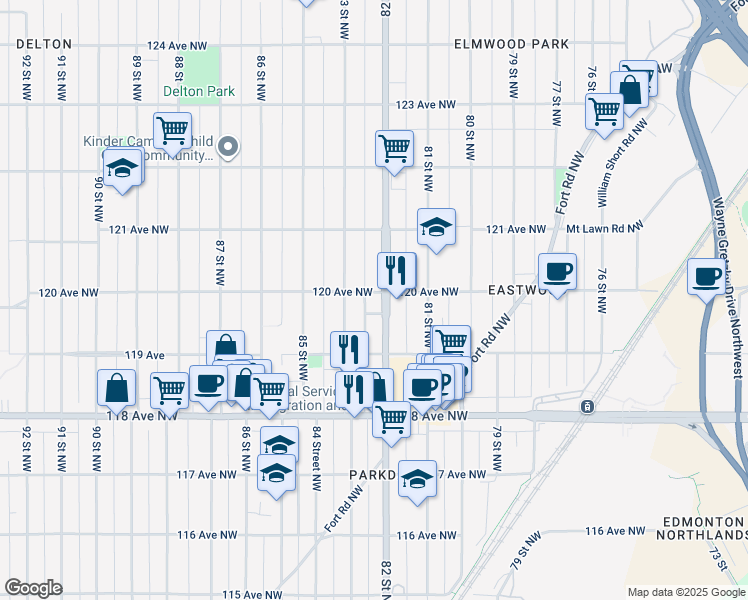 map of restaurants, bars, coffee shops, grocery stores, and more near 11940 82 Street Northwest in Edmonton