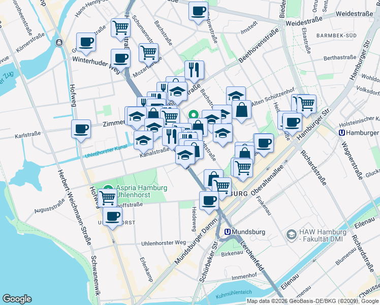map of restaurants, bars, coffee shops, grocery stores, and more near 105 Heinrich-Hertz-Straße in Hamburg