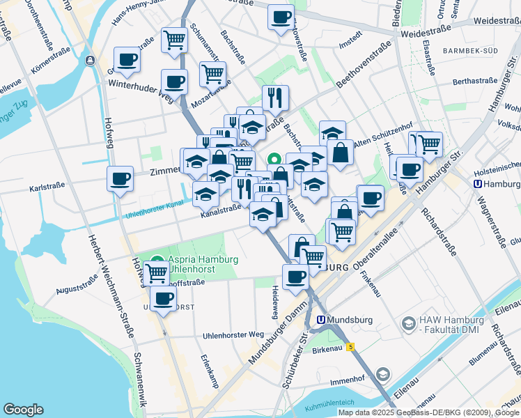 map of restaurants, bars, coffee shops, grocery stores, and more near 62 Winterhuder Weg in Hamburg