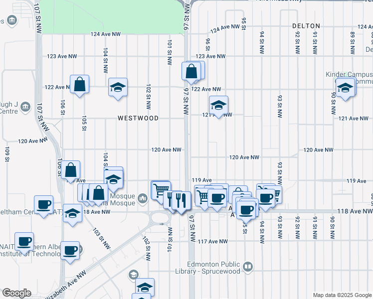 map of restaurants, bars, coffee shops, grocery stores, and more near 97 St NW & 120 Ave NW in Edmonton