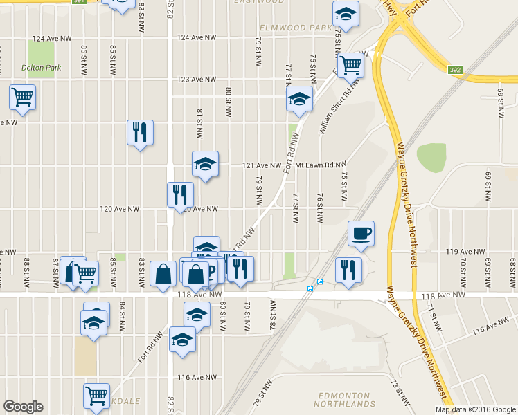 map of restaurants, bars, coffee shops, grocery stores, and more near 12017 79 Street Northwest in Edmonton