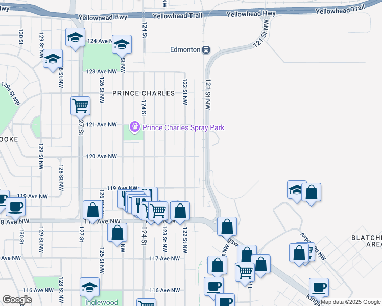 map of restaurants, bars, coffee shops, grocery stores, and more near 12011 122 Street Northwest in Edmonton