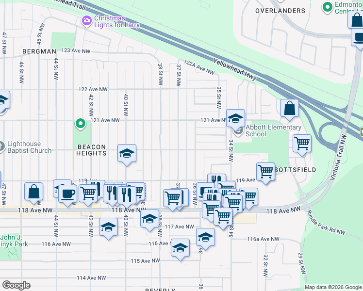 map of restaurants, bars, coffee shops, grocery stores, and more near 12001 37 Street Northwest in Edmonton