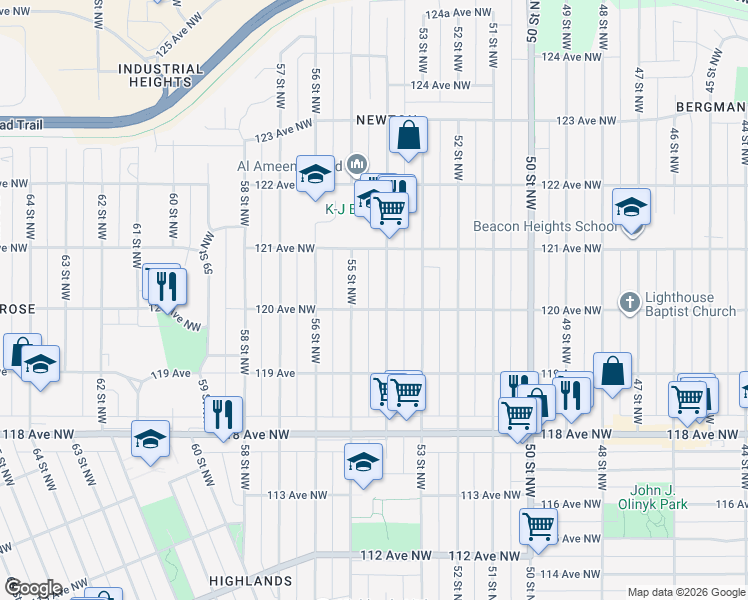 map of restaurants, bars, coffee shops, grocery stores, and more near 12006 54th Street in Edmonton