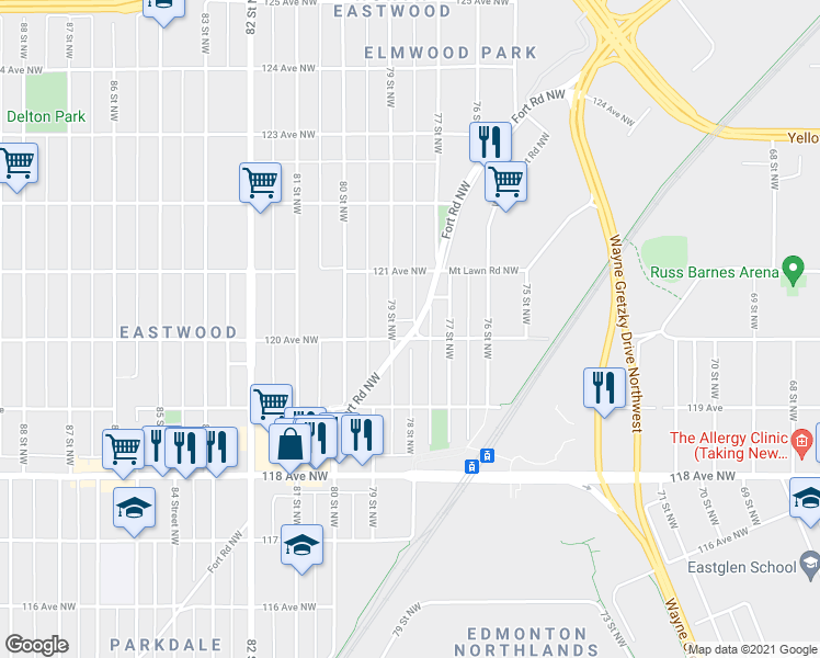 map of restaurants, bars, coffee shops, grocery stores, and more near 12017 79 Street Northwest in Edmonton