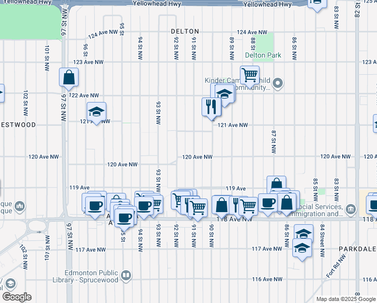 map of restaurants, bars, coffee shops, grocery stores, and more near 12011 91 Street Northwest in Edmonton
