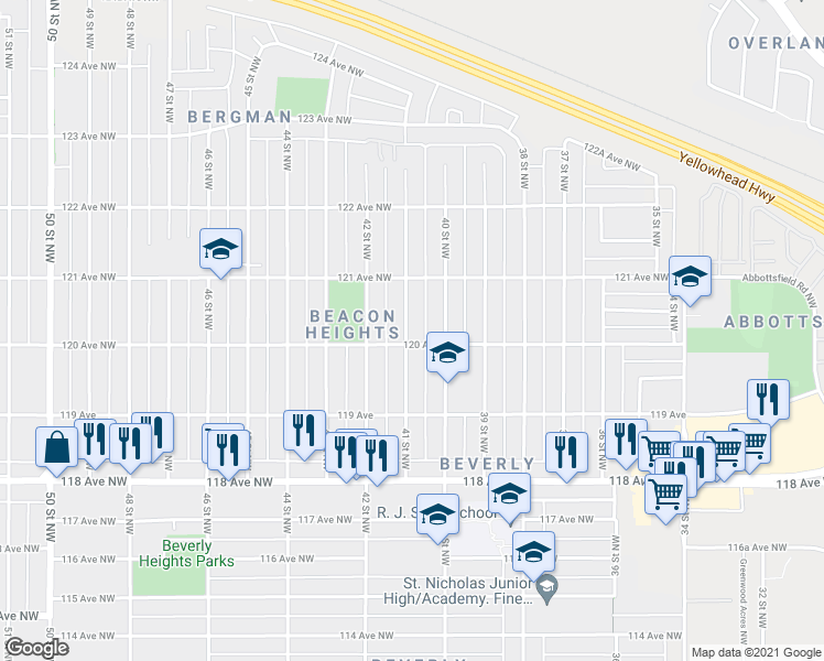map of restaurants, bars, coffee shops, grocery stores, and more near 12003 41 Street Northwest in Edmonton