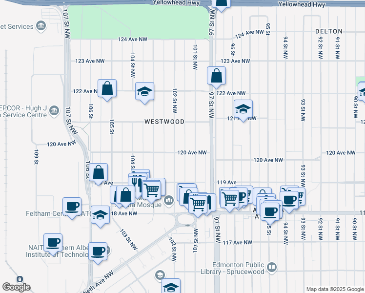 map of restaurants, bars, coffee shops, grocery stores, and more near 12007 102 Street Northwest in Edmonton