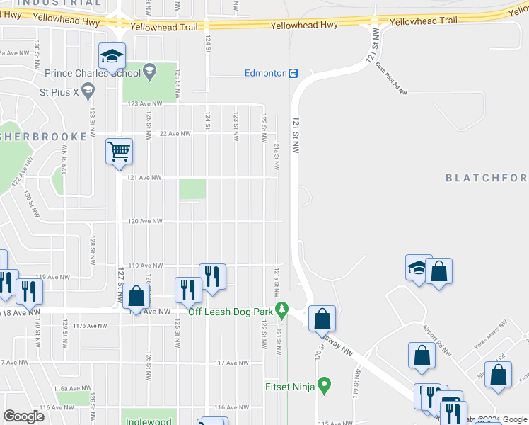 map of restaurants, bars, coffee shops, grocery stores, and more near 12011 122 Street Northwest in Edmonton