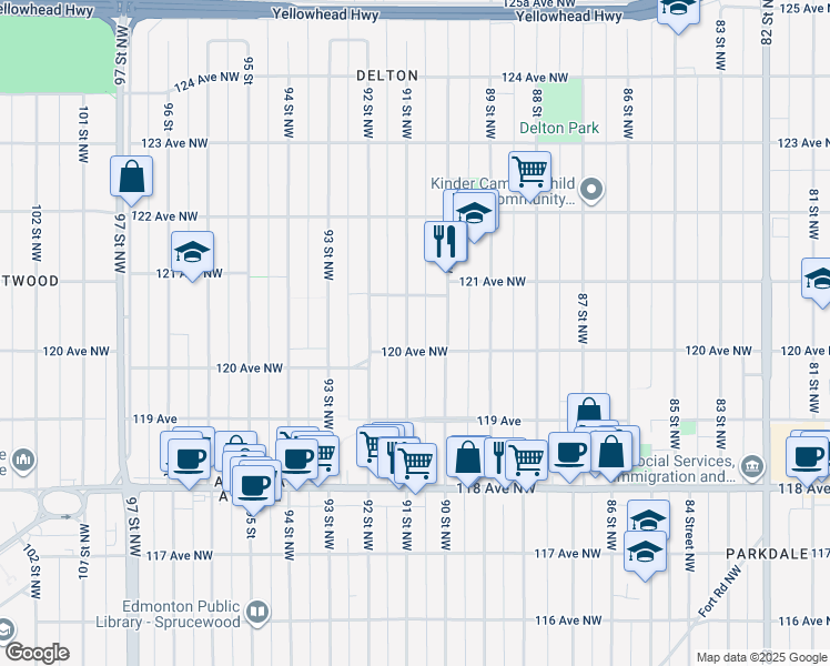 map of restaurants, bars, coffee shops, grocery stores, and more near 12011 91 Street Northwest in Edmonton